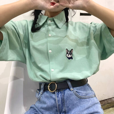 

Harajuku Cartoon Dog Print Blouse Tops Korean Causal Shirt 2019 Summer Loose Short Sleeve Turn-down Collar Shirts Woman Blusas