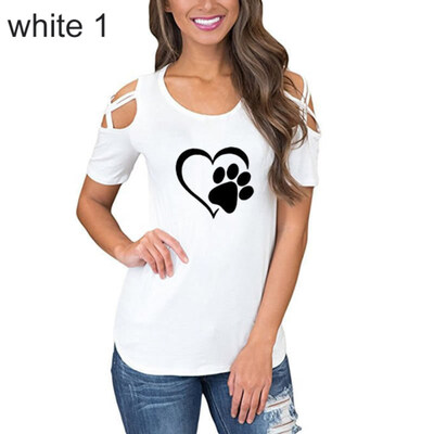

Summer Casual Paw Print Cross Off Shoulder Short Sleeve O-Neck Women T-Shirt Top