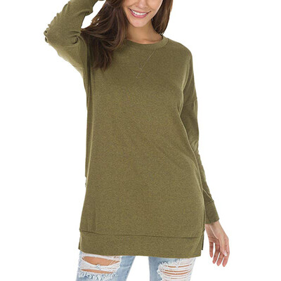 

Women Autumn Long Sleeve Split T-Shirt Round Collar Spring Solid Color Loose Casual Simple Wild T-Shirt