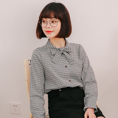 

Womens Blouse Autumn Winter New Plaid Pattern Bow Women Blouse Fashion Sweet Lapel Long Sleeves Shirt Turn-down Collar -L
