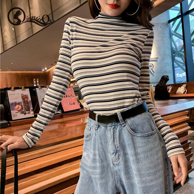 

Harajuku Women Tops High Collar Loose Long Sleeve Stripes Print T-Shirt Korean Style Bottoming Wild Casual Tops
