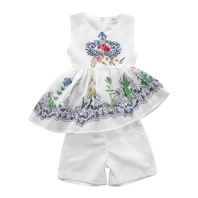 

2PcsSet Summer Baby Girls Casual Sleeveless Floral Print Irregular T-shirt Dress TopsShorts Suits Costume Set