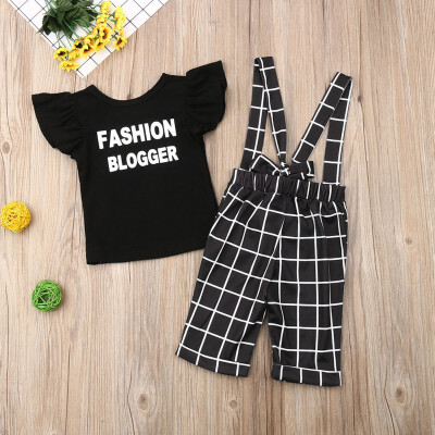 

Lovely Baby Newborn Girl Flare Sleeve Letters T-shirt TopsPlaid Strap Pants Shorts Casual Sets 1-5T Toddler Girl Clothes