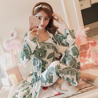 

3PC Women Sexy NightWear Floral Print Breathable Comfortable Casual Tank Top Coat Pants Set Female Sleepewear Nightgown Pajama