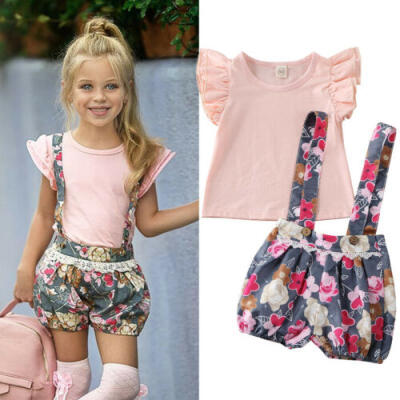 

2PCS Kids Baby Girls Clothes Tops T-shirt Floral Strap Pants Overalls Outfits UK