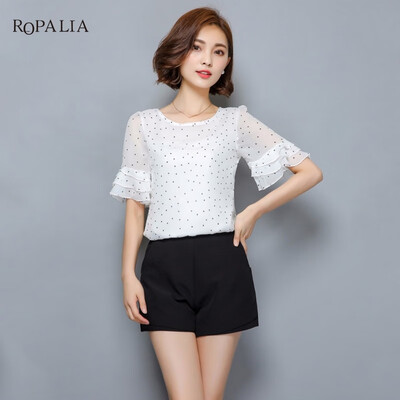 

Women Blouses Casual Summer Short Sleeve Chiffon Blouse Polka Dot Shirt Shirts Plus size Women Ruffle Ladies Tops