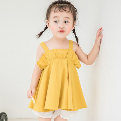 

Summer Girls Ruffled Doll Collar Solid Color Princess Cute Sweet Sleeveless Sling Dress