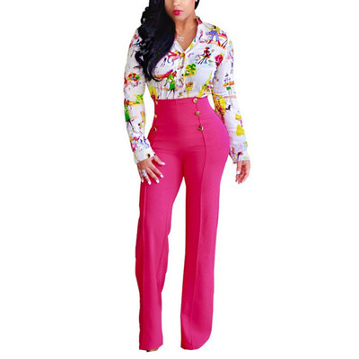 

Women Casual Stretch Trousers Female Solid Elastic Work High Waist Decorative Buttons Loose Slim Straight Pants Women 5 Colors