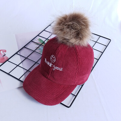 

Childrens hat autumn&winter boys baseball cap wick velvet girls cap big hair ball baby hat Korean version tide