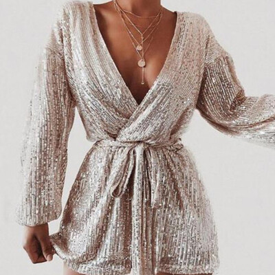 

Sexy Women Romper Short Jumpsuit Long Sleeve Tunic Deep V Neck Jumpsuit