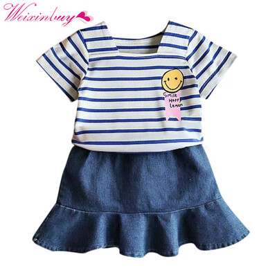 

T-shirt Baby Girl Clothes Set Summer Top Striped T-shirt Fishtail Cowboy Skirt Baby Girl Clothes Set Fashion Girl T-shirt