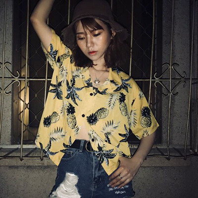 

Harajuku Women Blouse&Tops Printed Vintage Korean Short Sleeve Casual blusas Beach lady shirts Female clothes