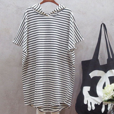 

Summer Short Sleeved Striped Dress Casual Fashion Loose Hooded Dress