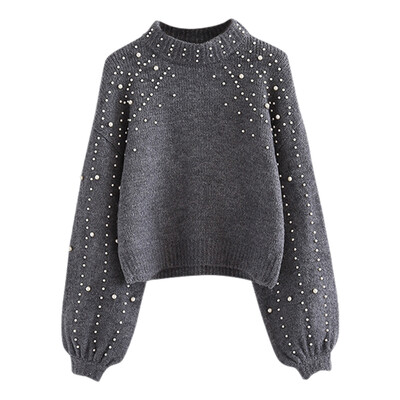 

Autumn Winter Casual High Turtleneck Loose Beaded Pearl Lantern Sleeve Short Women Pullover Sweater