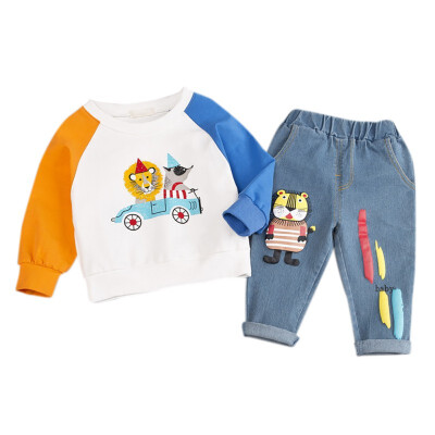 

New Autumn Baby Boys Clothes 2pcs 0-4T Cute Toddler Long Sleeve Cartoon Pattern Sweatshirt TopsDenim Pants Trouser Costume Set