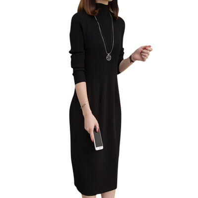 

Autumn Winter Long Section Bottoming Long Sleeves Slim Half-high Necked Long Dress Sweater Women