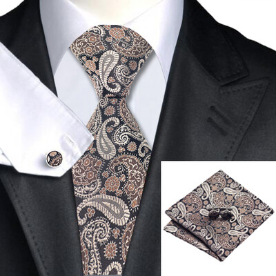 

N-1121 Vogue Men Silk Tie Set Brown Novelty Necktie Handkerchief Cufflinks Set Ties For Men Formal Wedding Business wholesale