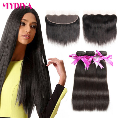 

Mydiva Peruvian Straight Hair Lace Frontal with 3 Bundles 7A 100% Unprocessed Human Hair Extensions Straight Virgin Hair