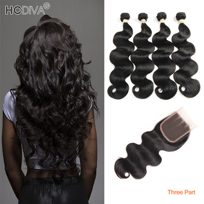 

HCDIVA 4 Bundles with Closure Body Wave Brazilian Hair Weaves Bundles with Closure Three Part Natural Black No Tangle Free Shippin