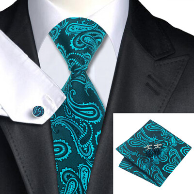 

N-1045 Vogue Men Silk Tie Set Green Paisley Necktie Handkerchief Cufflinks Set Ties For Men Formal Wedding Business wholesale