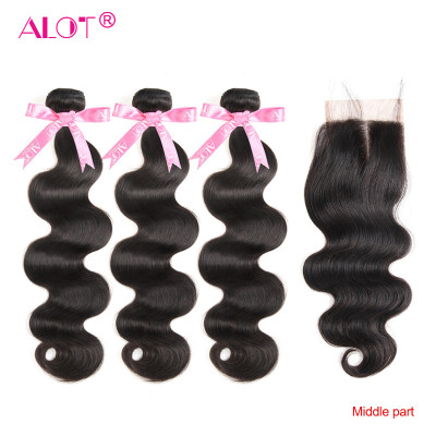 

ALot Hair 3 Bundles Peruvian Body Wave With Lace Closure Three / Middle / Free Part 100% Human Hair Weave 3 Bundles with Closure