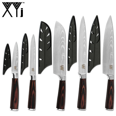 

XYj 5PCS Stainless Steel Knives Set Free Covers Damascus Veins Blade Chef Knife Cooking Tools