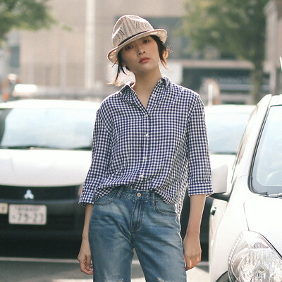 

And with pure Raincun S6075 plaid shirt female long sleeves loose straight slim slimming Korean students wild shirt light blue