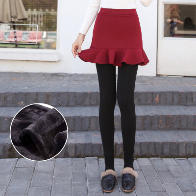 

Antarctic people nanjiren plus velvet padded one-piece pants fake two wild skirts warm Slim leggings women&39s fashion outside wear panty umbrella skirt wine red one size