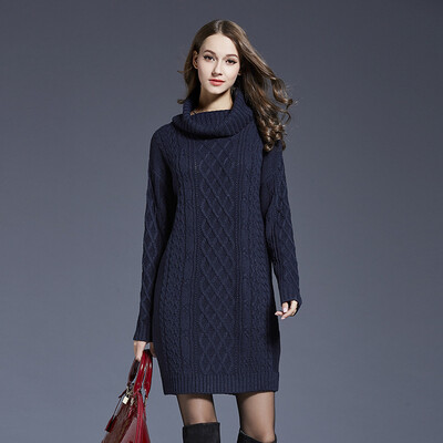 

2017 autumn and winter new large size knitted dress lady high collar long sweater