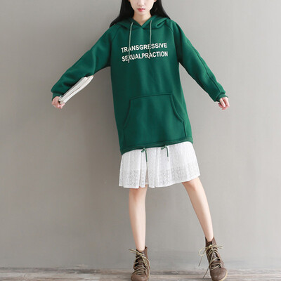 

City plus CITYPLUS 2017 winter new literary women loose loose long-sleeved shirt wild long hooded sweater CWWY17T169 dark green