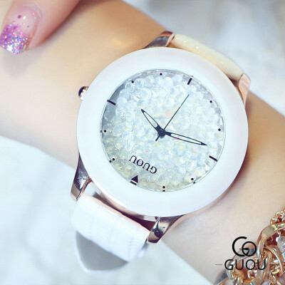 

GUOU Brand Luxury Watches Women Elegant Quartz Watch Ladies Casual Leather Wrist Watch Rhinestones Clock