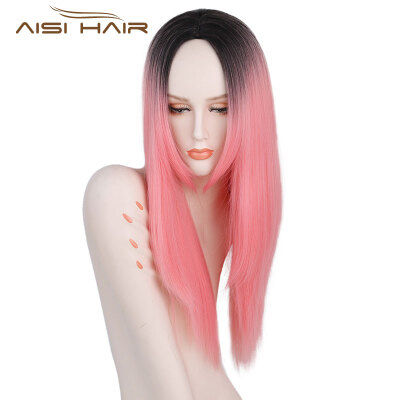 

AISI HAIR Synthetic Long Straight Cosplay Wig Pink 60Cm Wigs Hair Heat Resistant