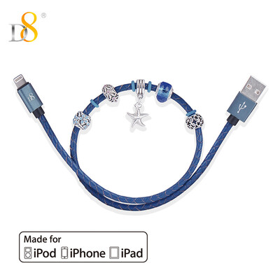 

D8 Apple MFI certification original data line phone data line leather weaving fashion beaded elements iPhone8x 7 Plus 6 6S 5S 04 m blue