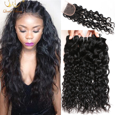 

Brazilian Human Hair With Closure 7a Water Wave 3pcs With Lace Closure Natural Color 100% Unprocessed Human Hair With Closure