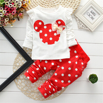 

Baby Girl Clothes Dot Long Sleeve Cotton Minnie Printed Toddler children Set Bow T-Shirt+Pant baby suits