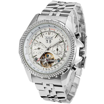 

JARAGAR 070 Business Men Mechanical Watch Three Sub-Dial Calendar Month Week Display Fashion Casual Stainless Steel Strap 3ATM Wat