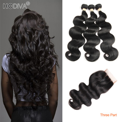 

HCDIVA Body Wave 3 Bundles with Lace Closure Three Part Brazilian Virgin Human Hair with Closure Natural Black Free Shipping