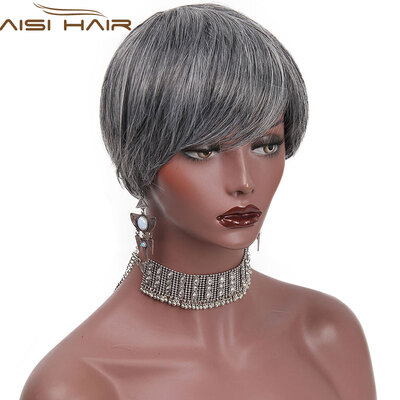 

AISI HAIR 4" Mixed Grey Color Short Straight High Temperature Fiber Synthetic Hair Wigs for Women