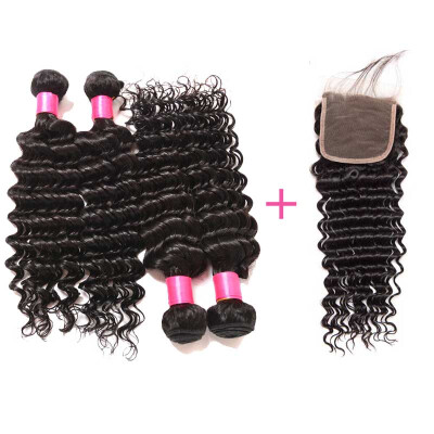 

8A Deep Wave With Closure Virgin Brazilian Deep Wave Silk Base Closure Brazilian Hair Weave Bundles With Closure Three Part Silk