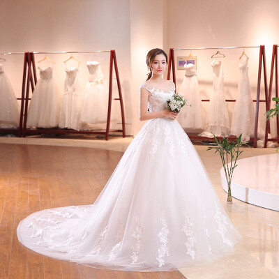 

Ball Gown Illusion Neckline Chapel Train Lace Organza Wedding Dress with Beading Buttons by