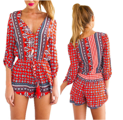 

Lovaru ™2015 new fashion women's summer Chiffon Lace cool red printed 7 minutes of sleeve v-neck casual jumpsuit