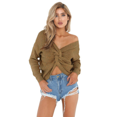 

Sexy Women Deep V Neck Sweater Loose Style Cross Wrap Long Sleeve Sweater