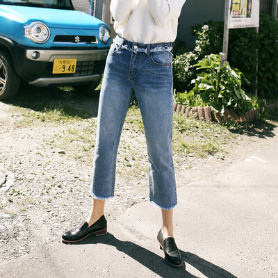 

And with pure Raincun N2371 straight jeans female raw edge loose wide leg casual retro nine pants blue 29