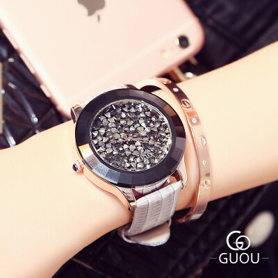 

GUOU Luxury Brand Watch Women Leather Quartz Watches Ladies Casual Watch Stones Clock