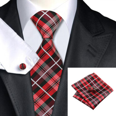 

N-0376 Vogue Men Silk Tie Set Red Plaid Necktie Handkerchief Cufflinks Set Ties For Men Formal Wedding Business wholesale