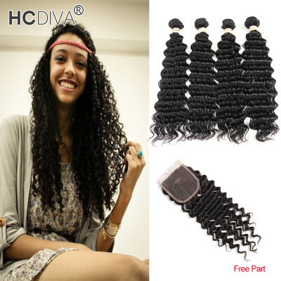 

HCDIVA Deep Wave Human Hair 4 Bundles with Lace Closure Peruvian Virgin Hair Lace Closure with Hair Weft FreeMiddleThree Part