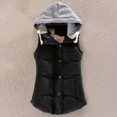 

Autumn Winter Solid Women Basic Coats Sexy All-match Cotton Vest Patchwork Sleeveless Hooded Collar Casual Colete Down Jacket