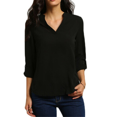 

8 Colors Large Size Female V Collar Long Sleeve Corrugated Sleeve Easy Shirt plus size (-5XL