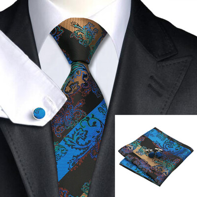 

N-0268 Vogue Men Silk Tie Set Black Paisley Necktie Handkerchief Cufflinks Set Ties For Men Formal Wedding Business wholesale