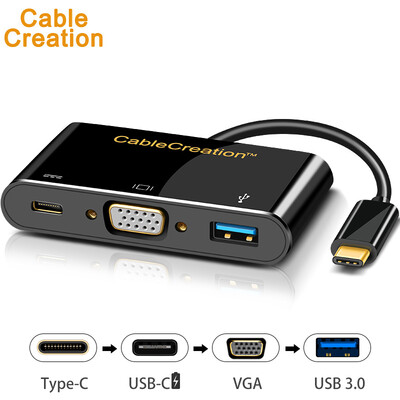 

CABLE CREATION CD0075 Type-C VGA USB HUB Converter with TV Projector 12 inch MacBook Docking USB Adapter USB-C Rechargeable